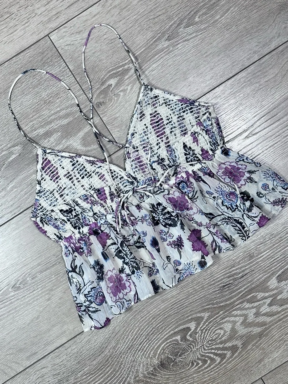 Zara Floral Metallic Smocked Peplum Crop Tank Top